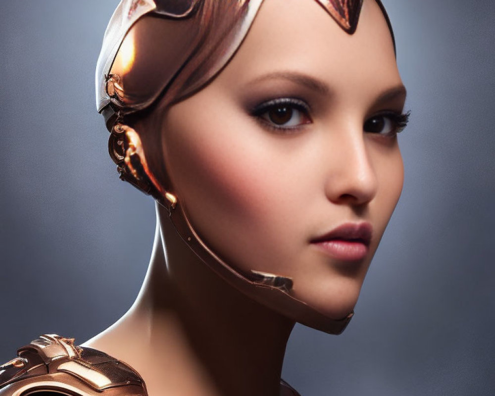 Female Android with Copper-Toned Mechanical Elements and Futuristic Headpiece