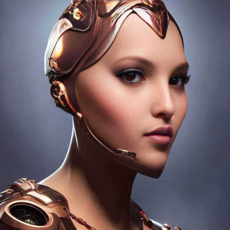 Female Android with Copper-Toned Mechanical Elements and Futuristic Headpiece