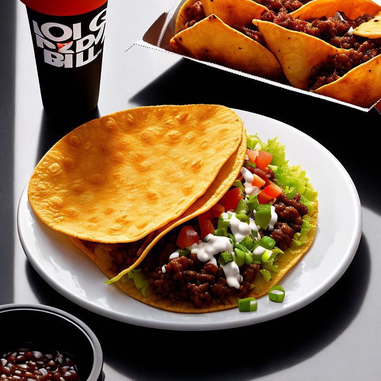 Savory Taco with Ground Meat, Lettuce, Tomatoes, Sour Cream, Soda Cup