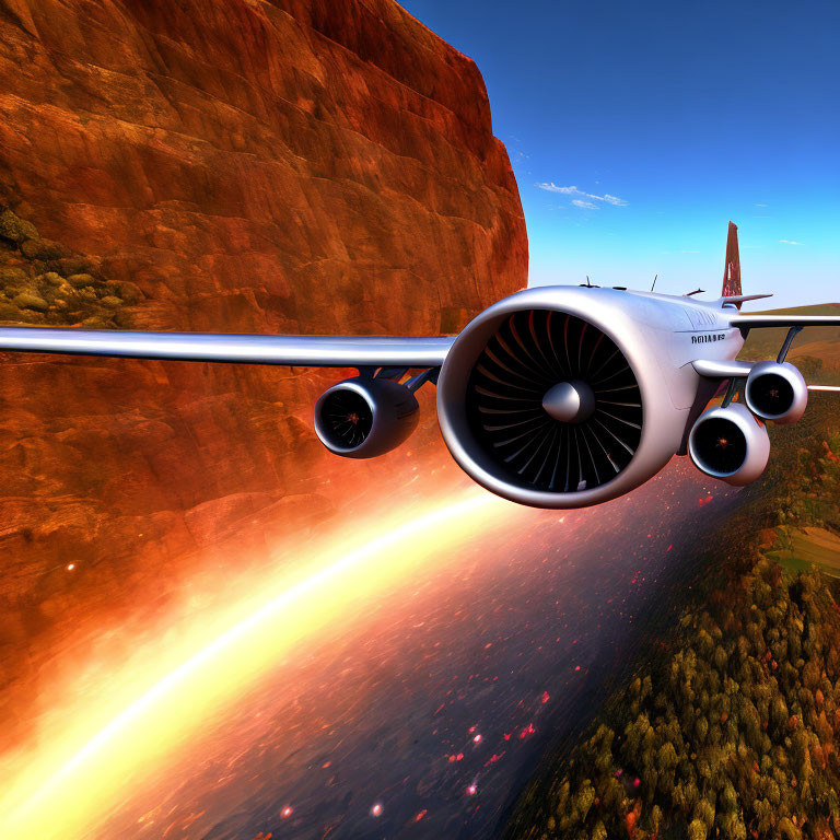 Twin engine aircraft flying low over rocky landscape at sunset