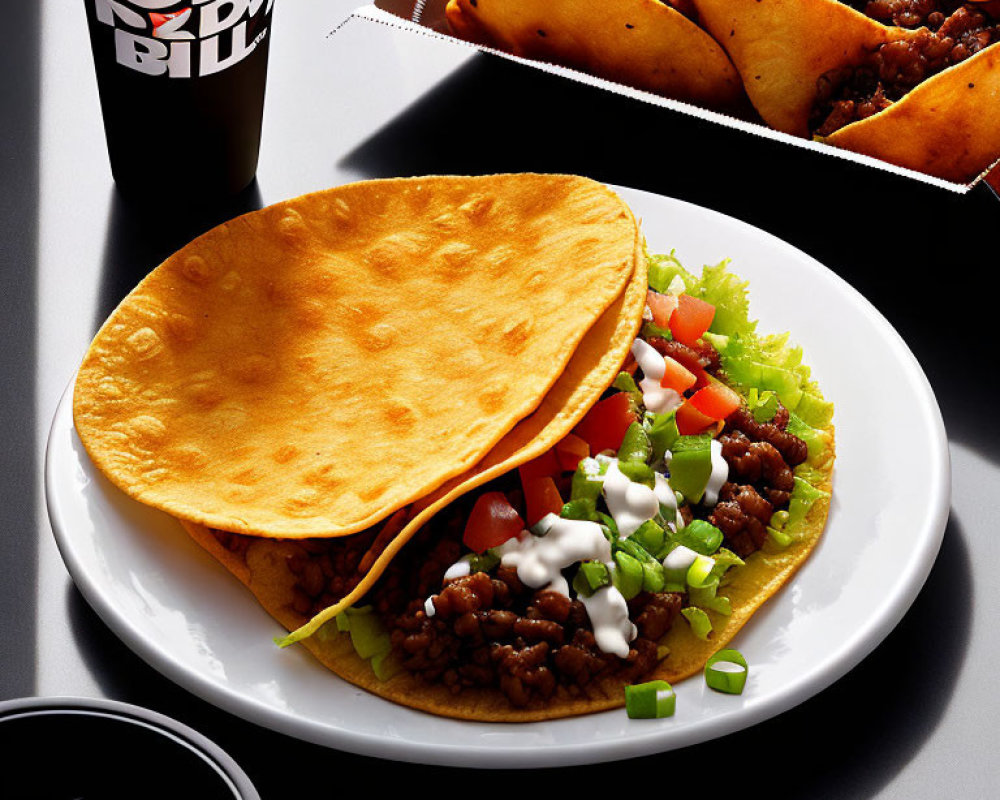 Savory Taco with Ground Meat, Lettuce, Tomatoes, Sour Cream, Soda Cup