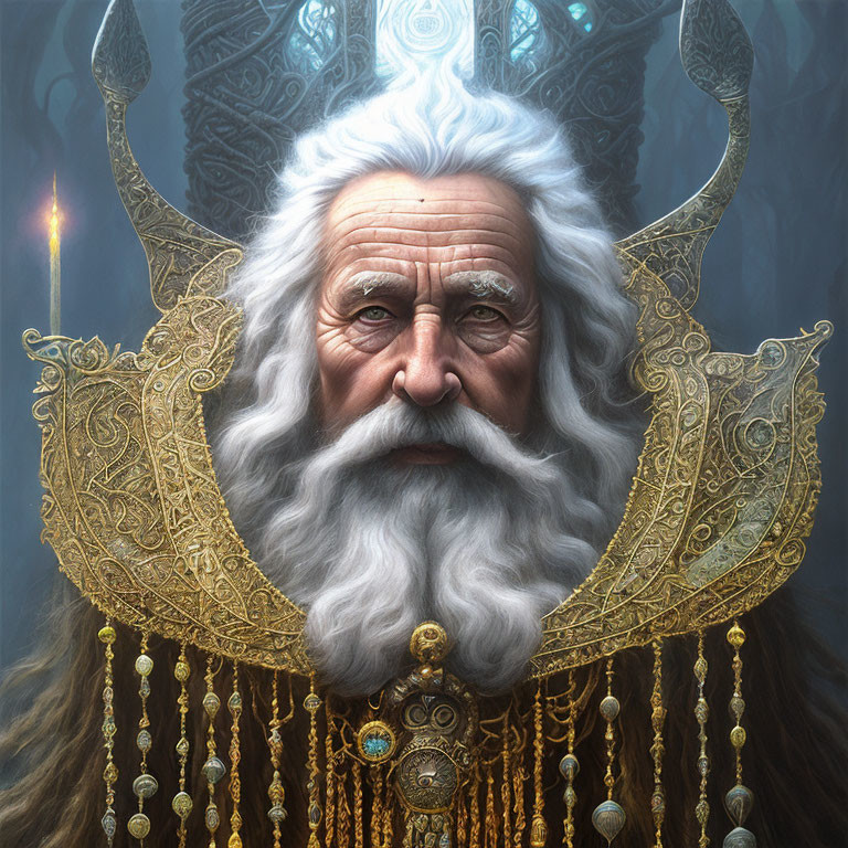 Elderly man with long white beard and golden headpiece in intricate robes