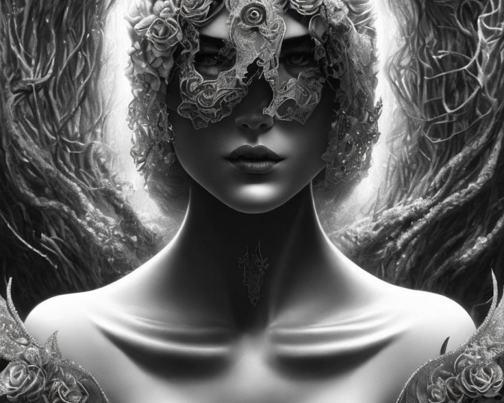 Monochrome artistic portrait with floral mask and lace details