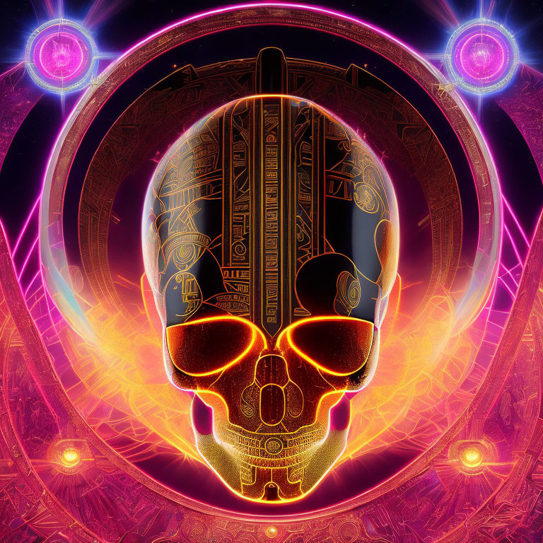 Detailed Futuristic Skull Artwork with Neon Circles & Cosmic Motifs