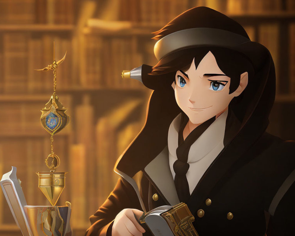 3D animated character in hat and coat with book and card against library backdrop