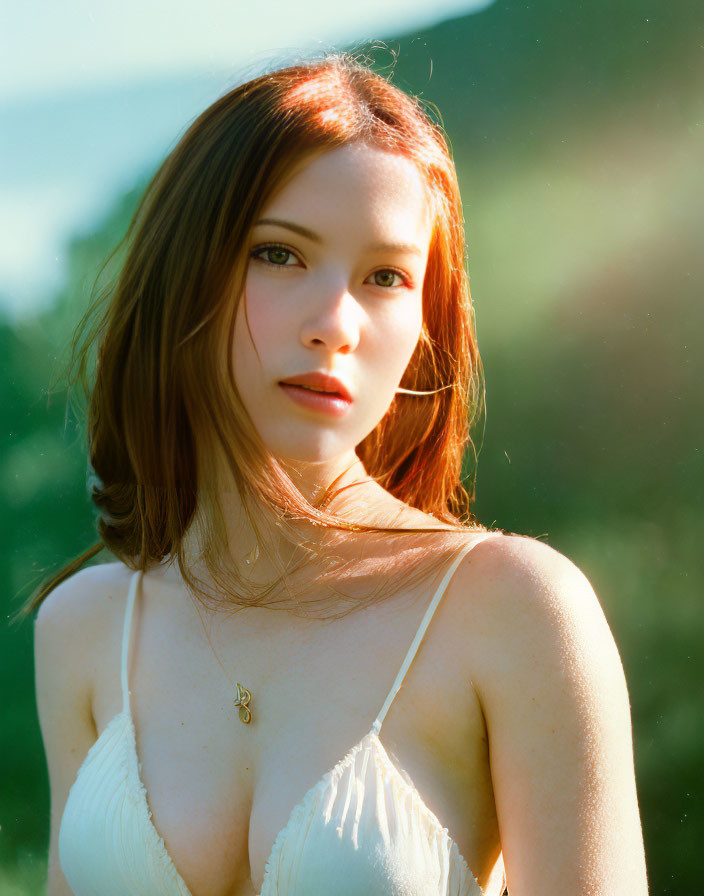 Auburn-Haired Woman Outdoors in White Top