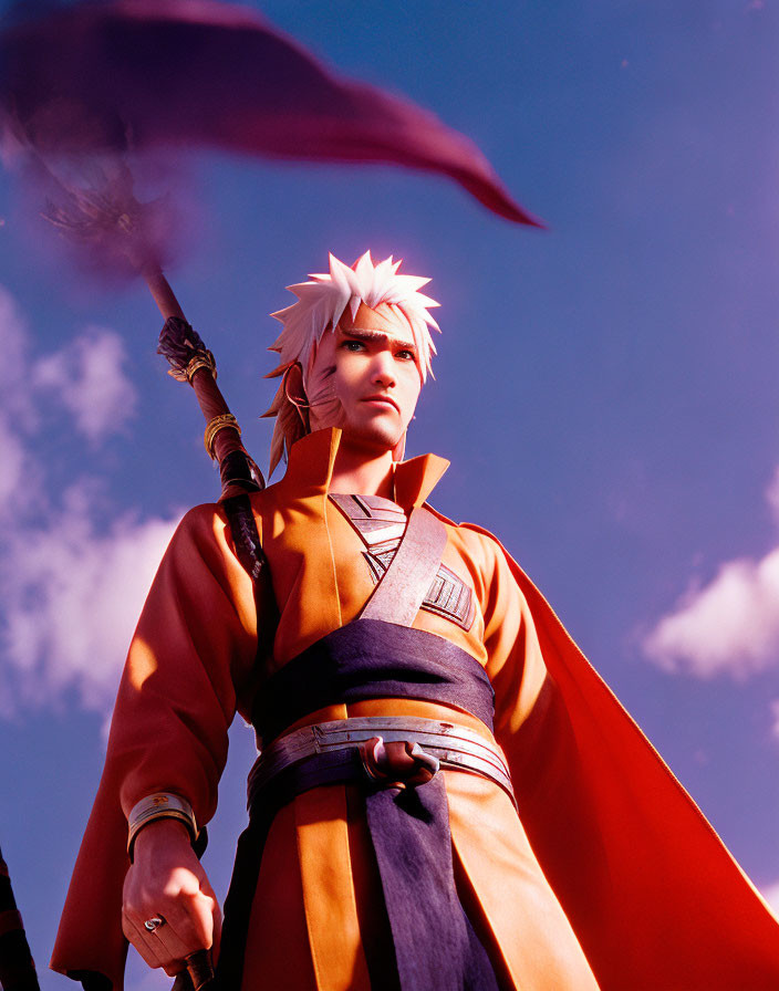 Spiky White-Haired Figure Holding Flag Under Blue Sky