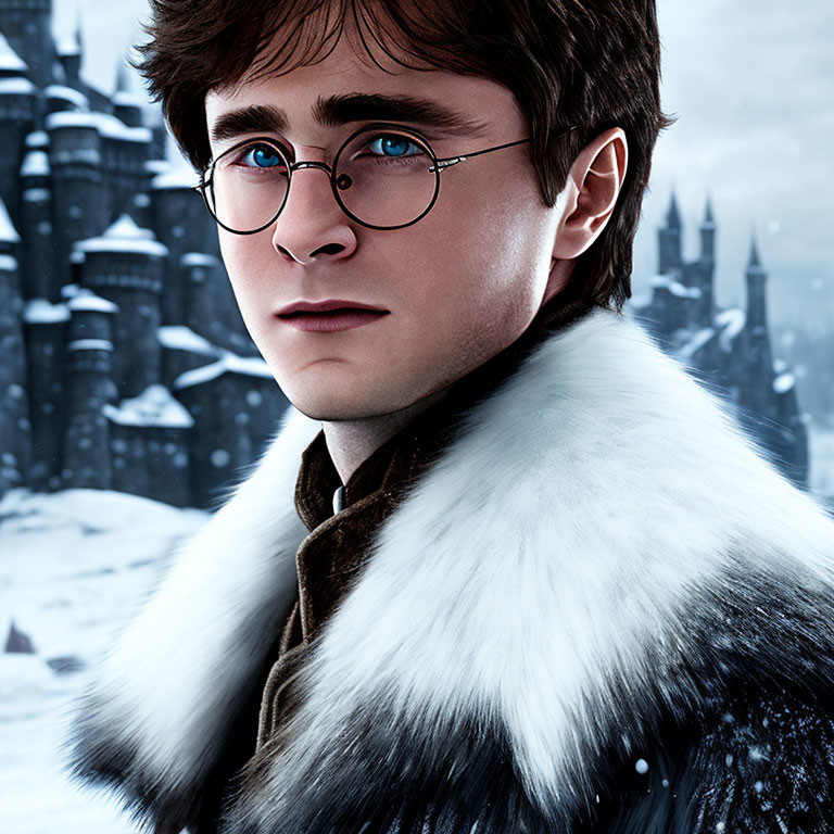 Young man with round glasses in fur-lined coat, snowy castle backdrop
