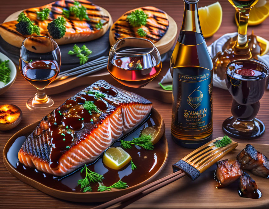 Elegant dinner table with grilled salmon, caviar, wine, beer, lemon, and parsley