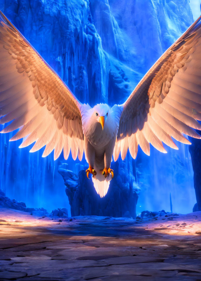 Majestic eagle soaring through luminescent ice cave