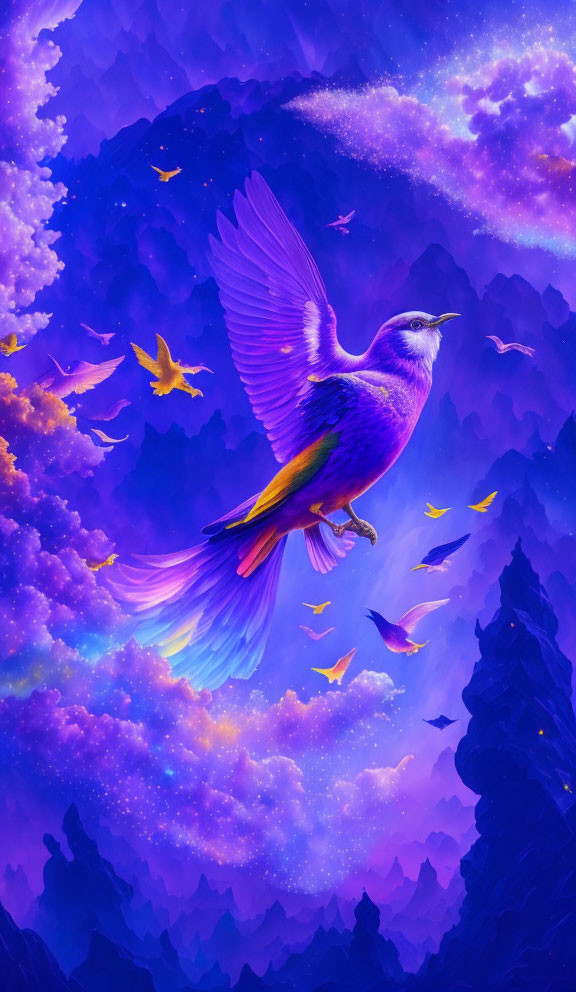 Colorful bird artwork in cosmic sky with smaller birds