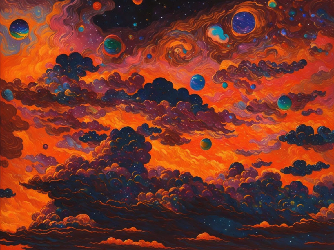 Colorful Surrealist Painting of Cosmic Sky with Swirling Orange Clouds and Planets