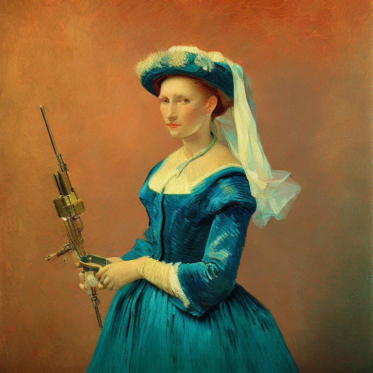 Woman in Blue Dress with Sextant Against Orange Background