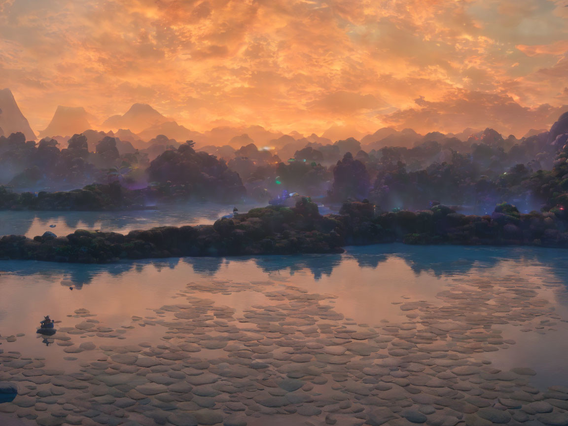 Tranquil river landscape with mist and fiery sunset