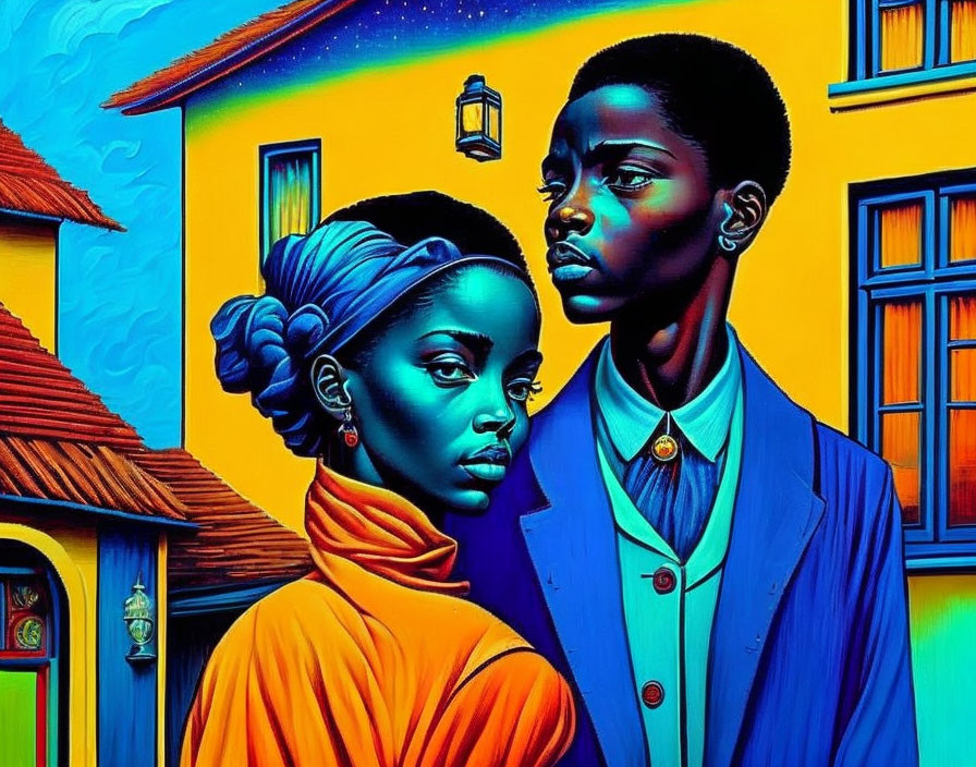 Colorful Surrealist Portrait of Man and Woman with Exaggerated Features