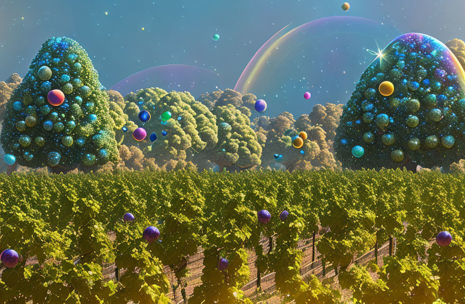 Fantasy vineyard with alien sky, levitating orbs, Christmas tree foliage, vibrant rainbows