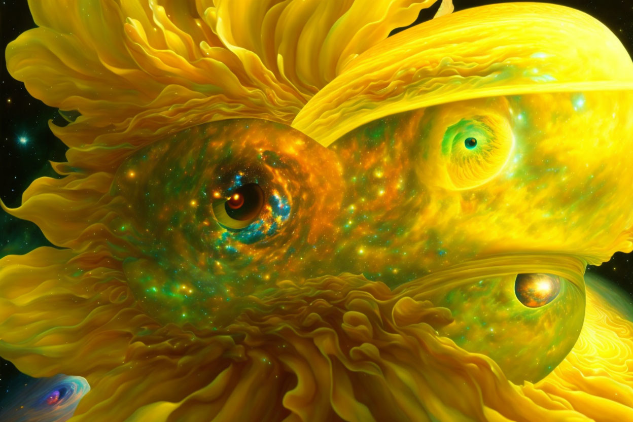 Abstract cosmic digital artwork with vibrant yellow and orange shapes on starry backdrop.