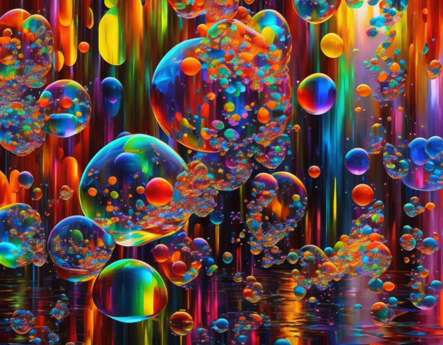 Colorful digital art: Iridescent bubbles on glossy streaks