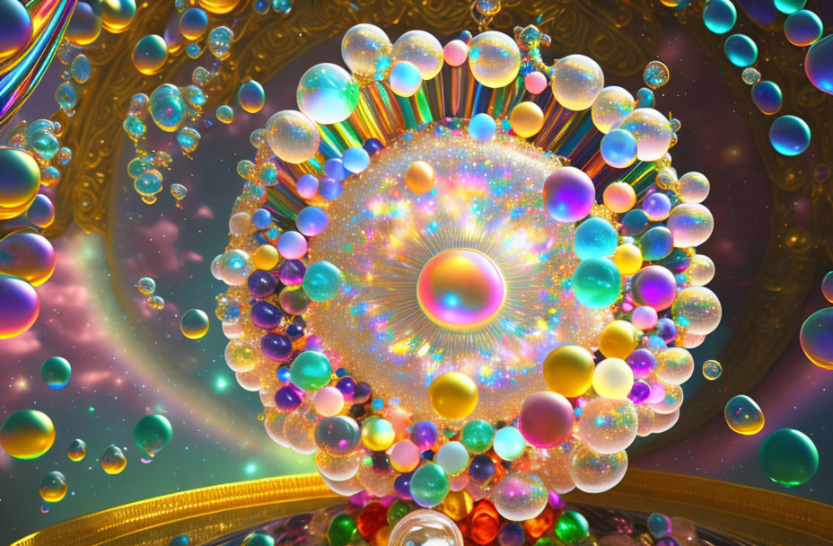 Colorful digital artwork: Glittering orb with bubbles on ornate background