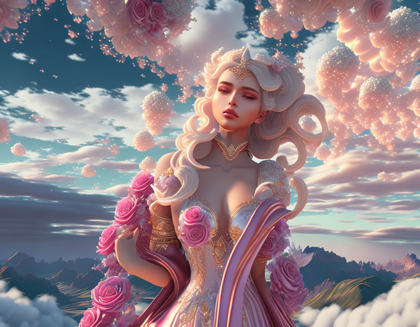 Ethereal figure in regal gown with rose accents against pink cloud sky