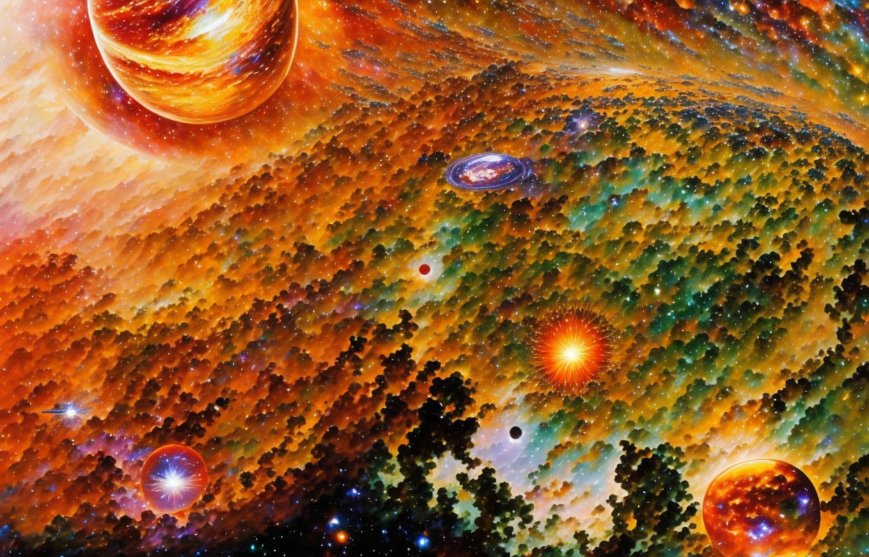 Colorful cosmic illustration with swirling galaxy, stars, planets, and red nebula on orange and blue