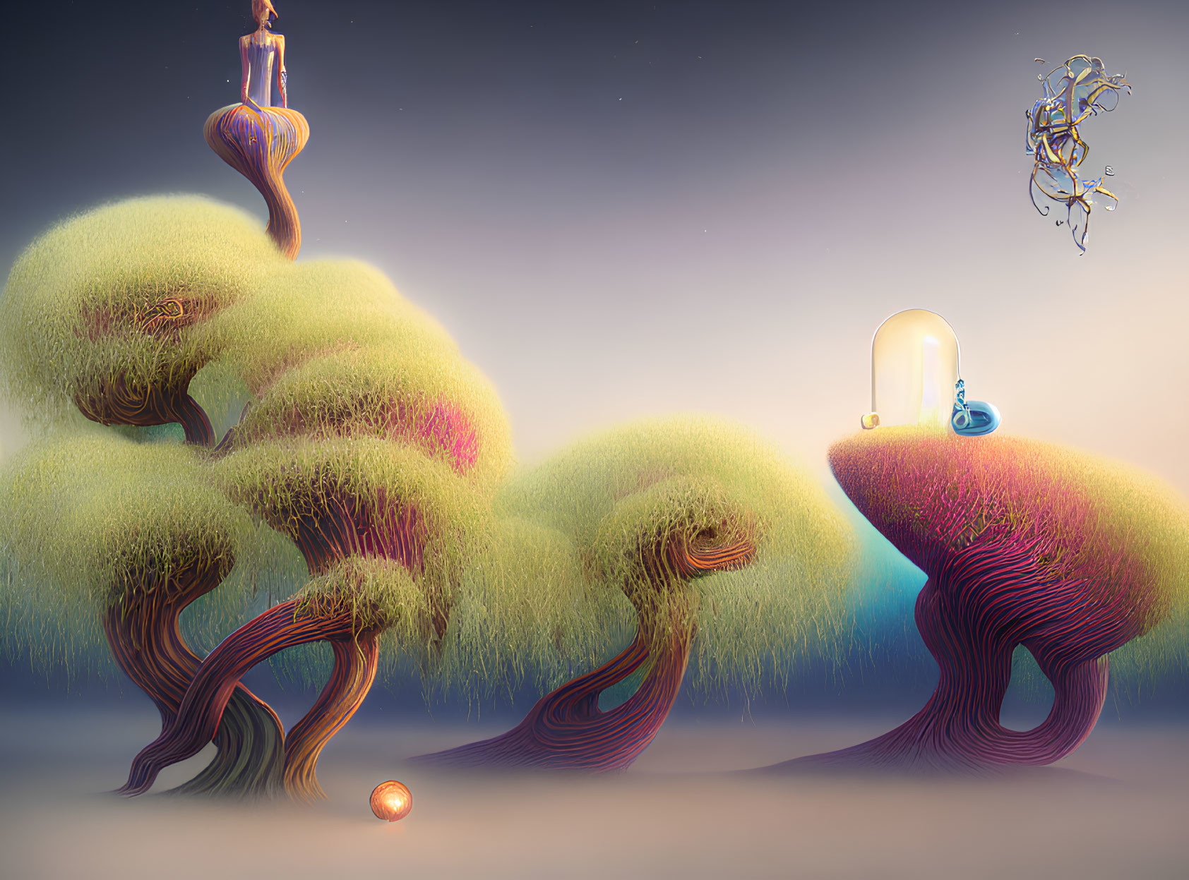 Surreal landscape with whimsical trees and soft pastel tones