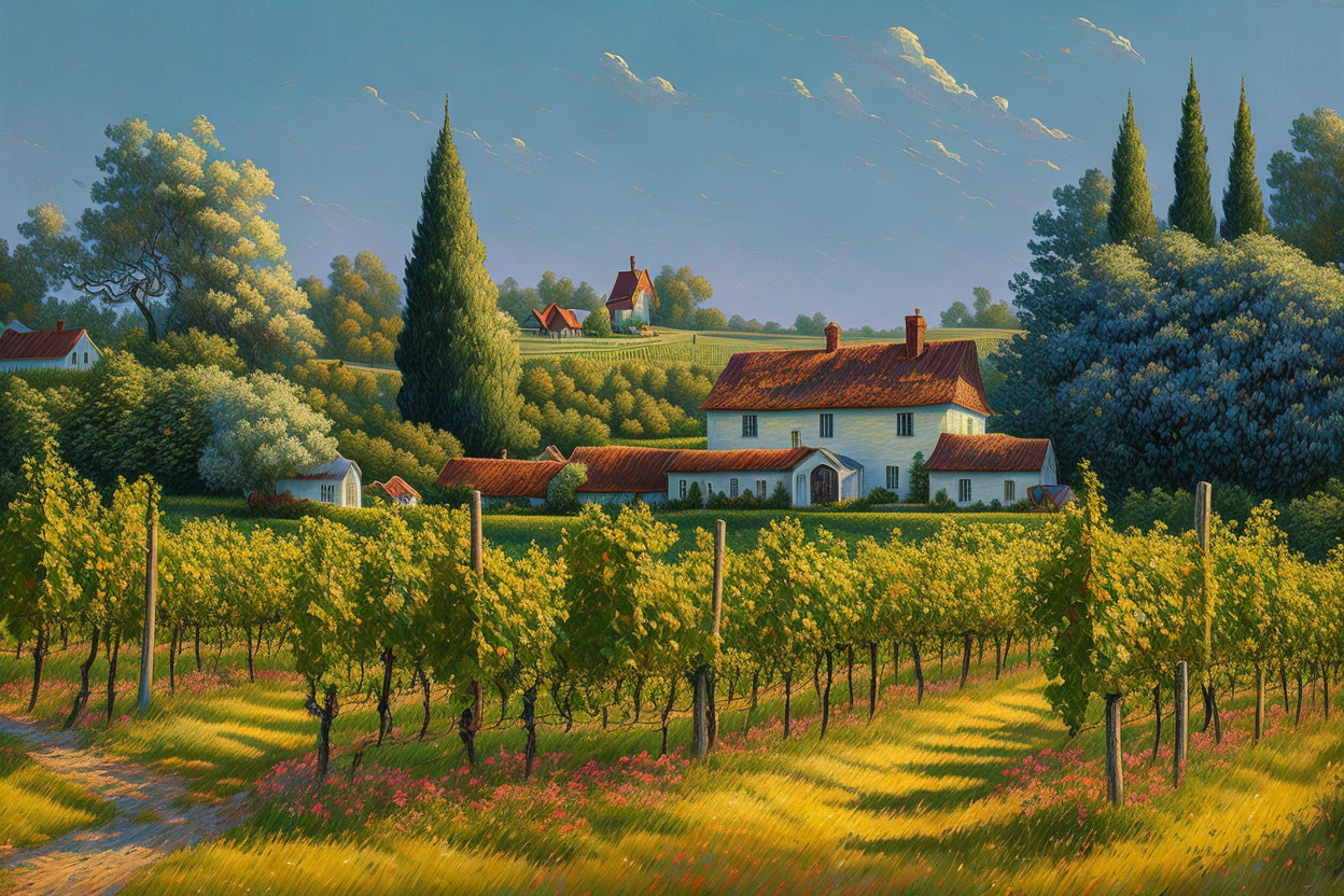 Tranquil vineyard landscape with white house and grapevines