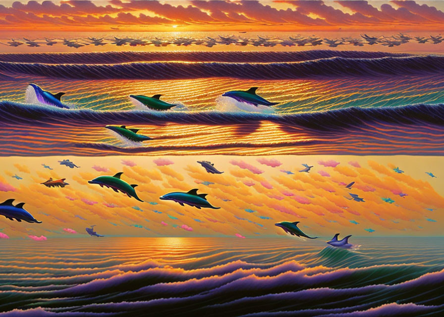 Colorful sunset seascape with leaping dolphins in vibrant waters.