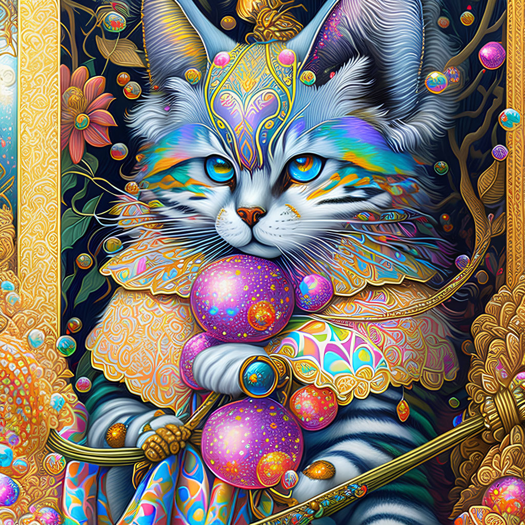 Regal cat with majestic headdress and ornate spheres on intricate floral background