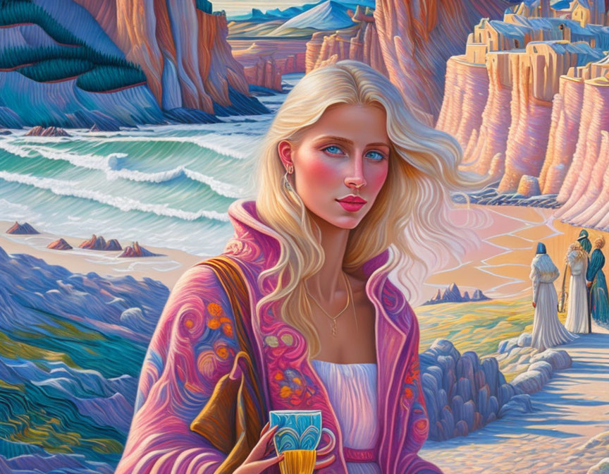 Blonde woman with cards in vibrant landscape.