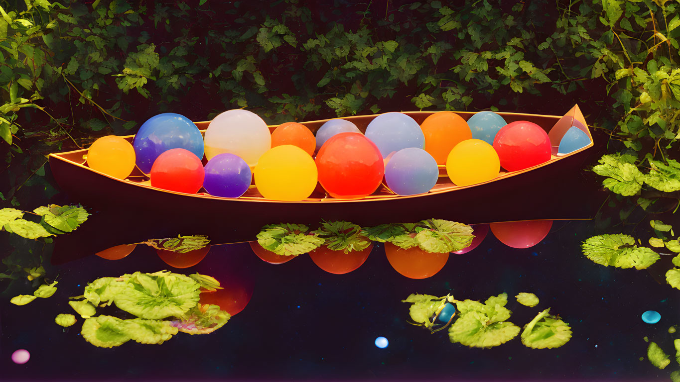 Colorful Balloon "Eggs" in Paper Boat on Calm Water with Green Leaves