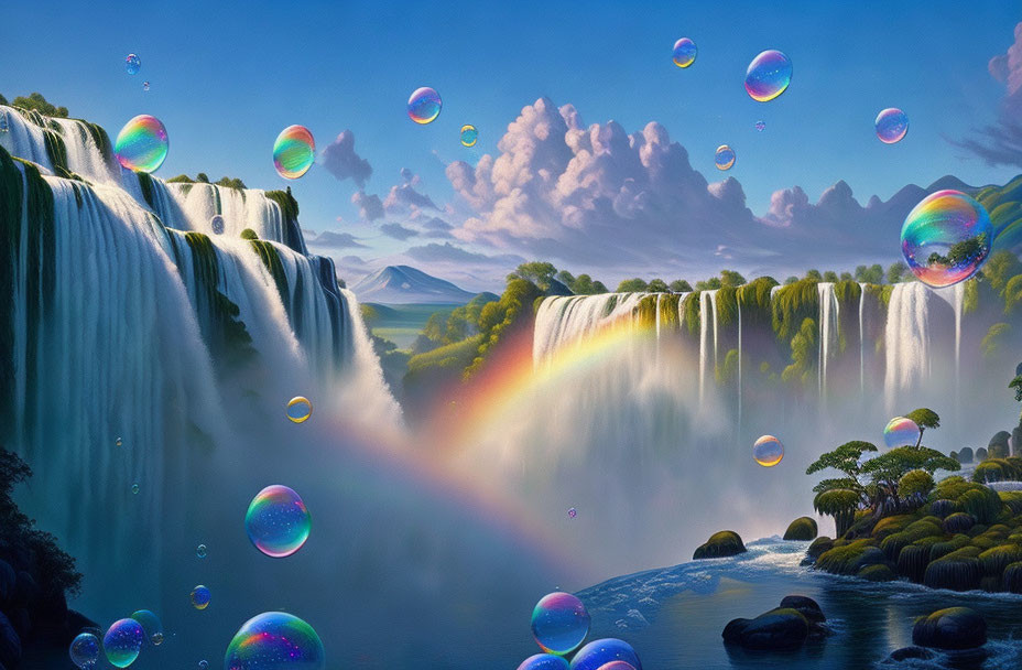 Scenic landscape with waterfalls, rainbow, and bubbles