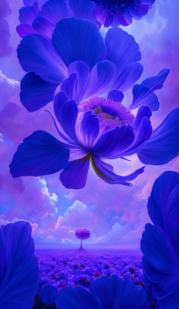 Surreal Landscape with Oversized Purple Flowers and Central Tree Bloom