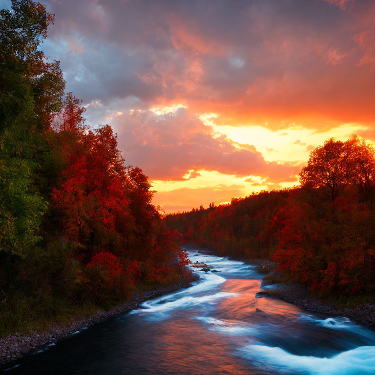 Vibrant sunset over tranquil river with fiery clouds and autumn trees