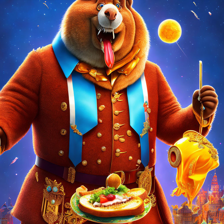 Regal animated bear in royal attire at magical feast