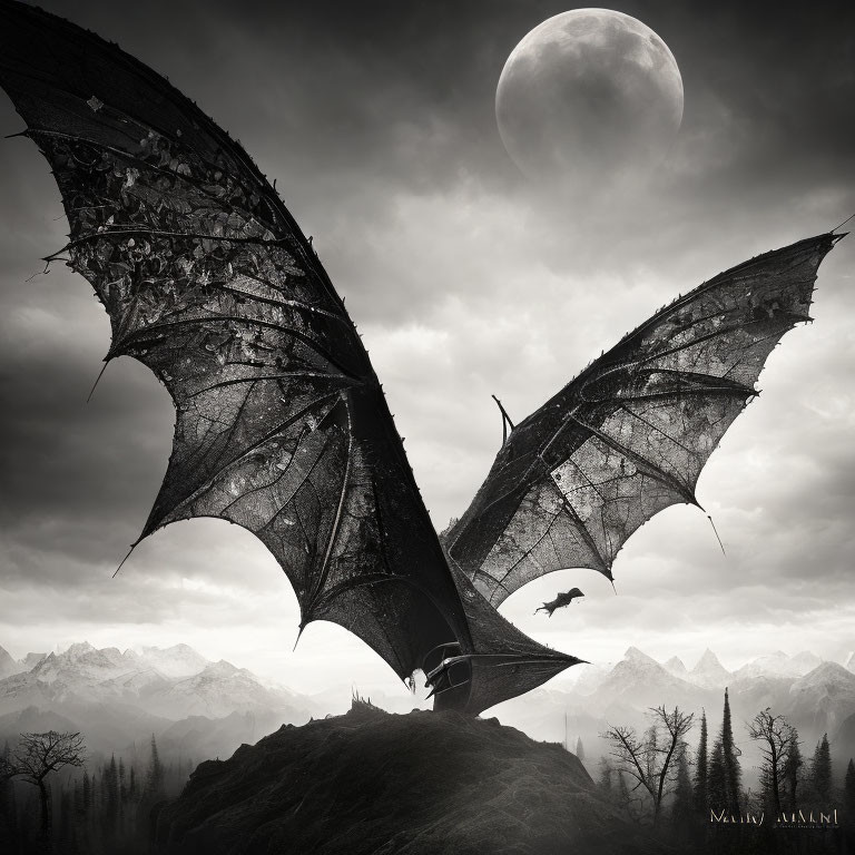 Monochrome fantasy landscape with colossal dragon wings, full moon, and mountains under cloudy sky