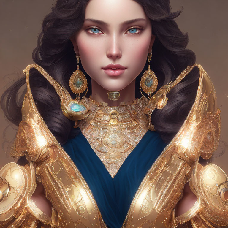 Digital artwork of woman with blue eyes, dark hair, and golden armor with turquoise gemstones on warm