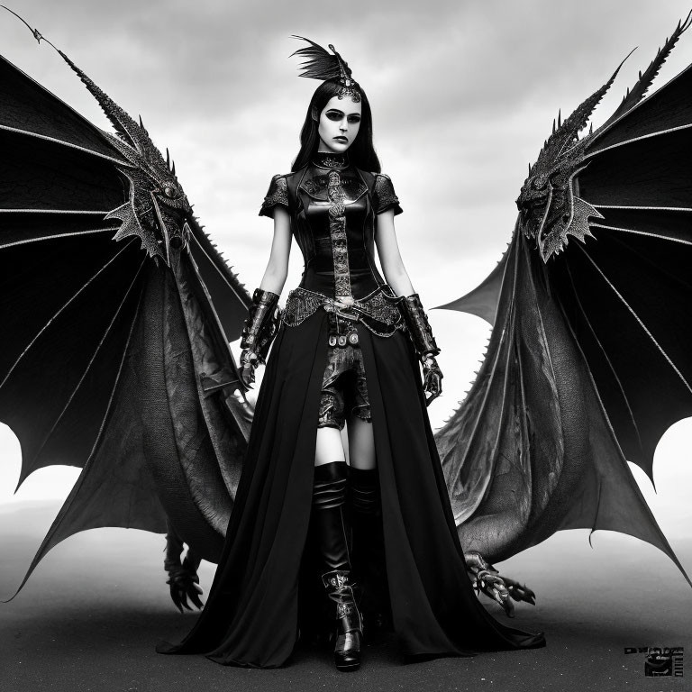 Monochrome image of woman in gothic attire with dragon wings