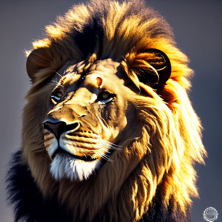 Majestic lion with full mane on gradient blue background