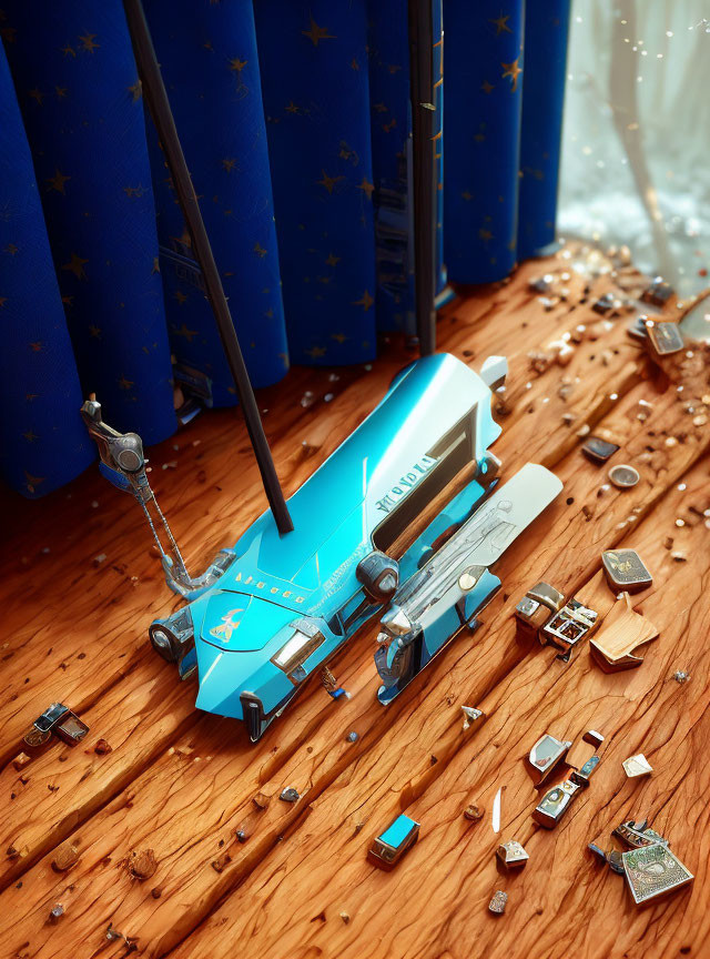 Blue Pedal Car with Airplane Design on Sparkle-Scattered Wooden Floor