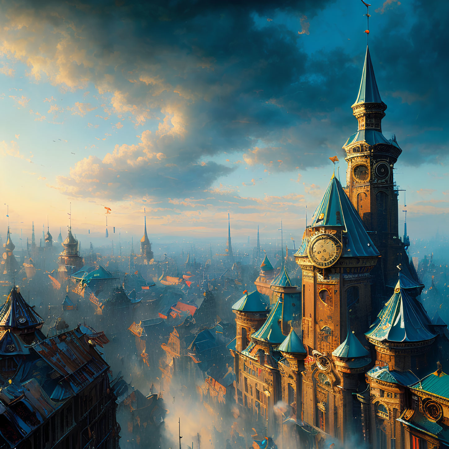 Fantastical sunset cityscape with ornate buildings and clock tower.