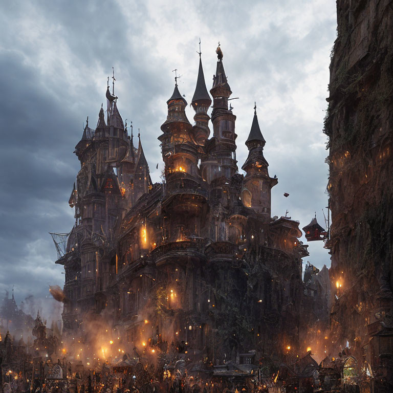 Detailed Gothic castle in dark landscape with torches, creating mystical ambiance