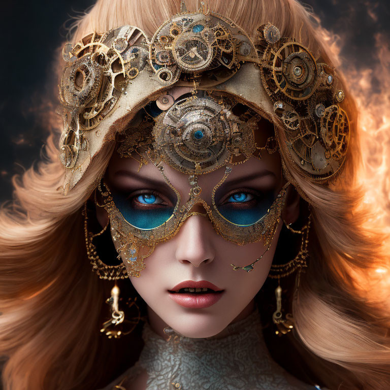 Woman with Striking Blue Eyes in Golden Steampunk Headpiece