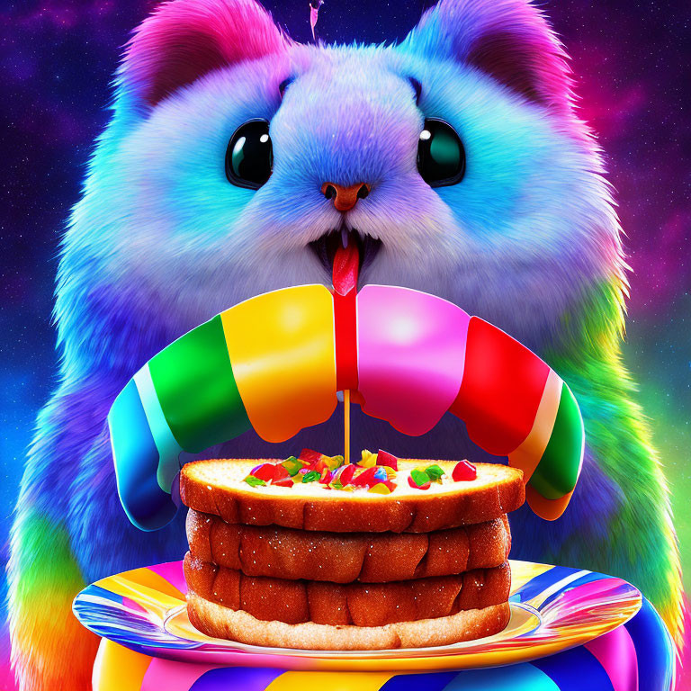 Colorful fluffy creature with sandwich on plate in psychedelic setting