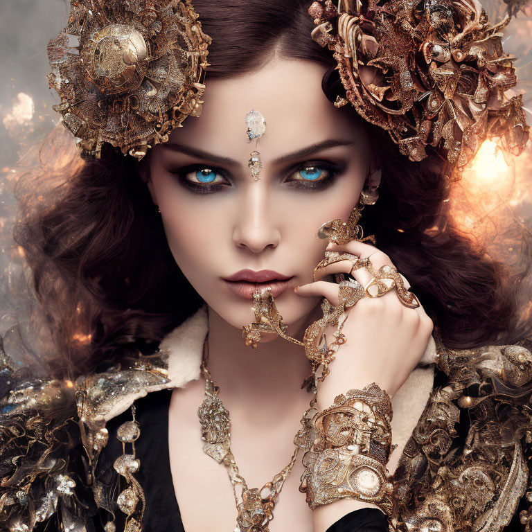 Woman with Blue Eyes in Golden Headgear and Vintage Jewelry - Elaborate Mechanical Details