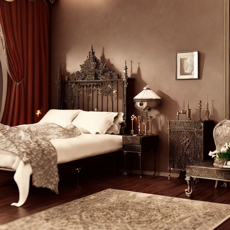 Ornate Metal Bed Frame in Elegant Bedroom