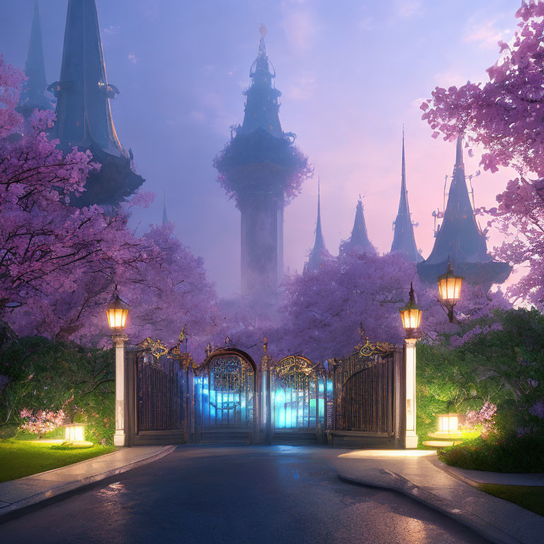 Cherry Blossom Gateway and Illuminated Tower in Twilight