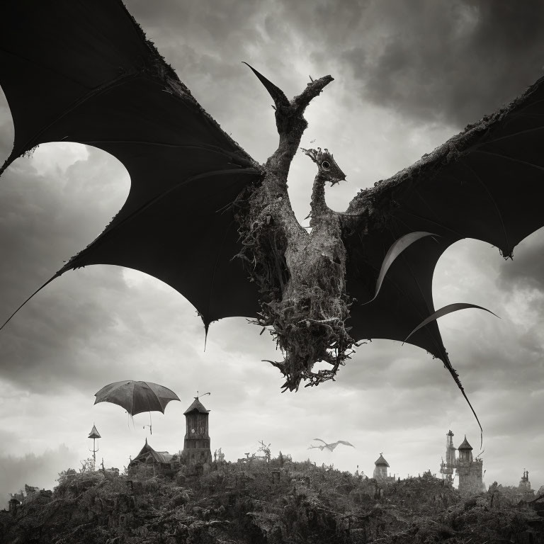 Surreal black and white dragon with wings over misty landscape