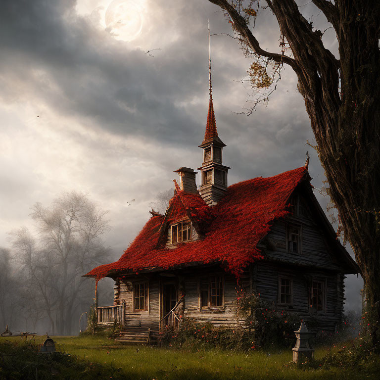 Rustic wooden cottage with red roof in moonlit forest landscape