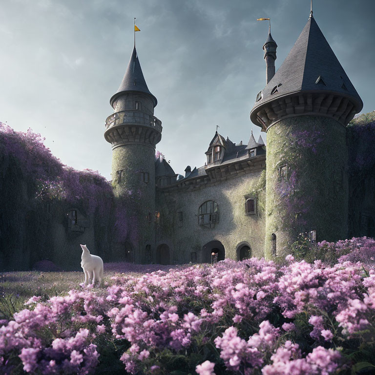 White Cat in Purple Flower Field by Enchanting Ivy-Covered Castle